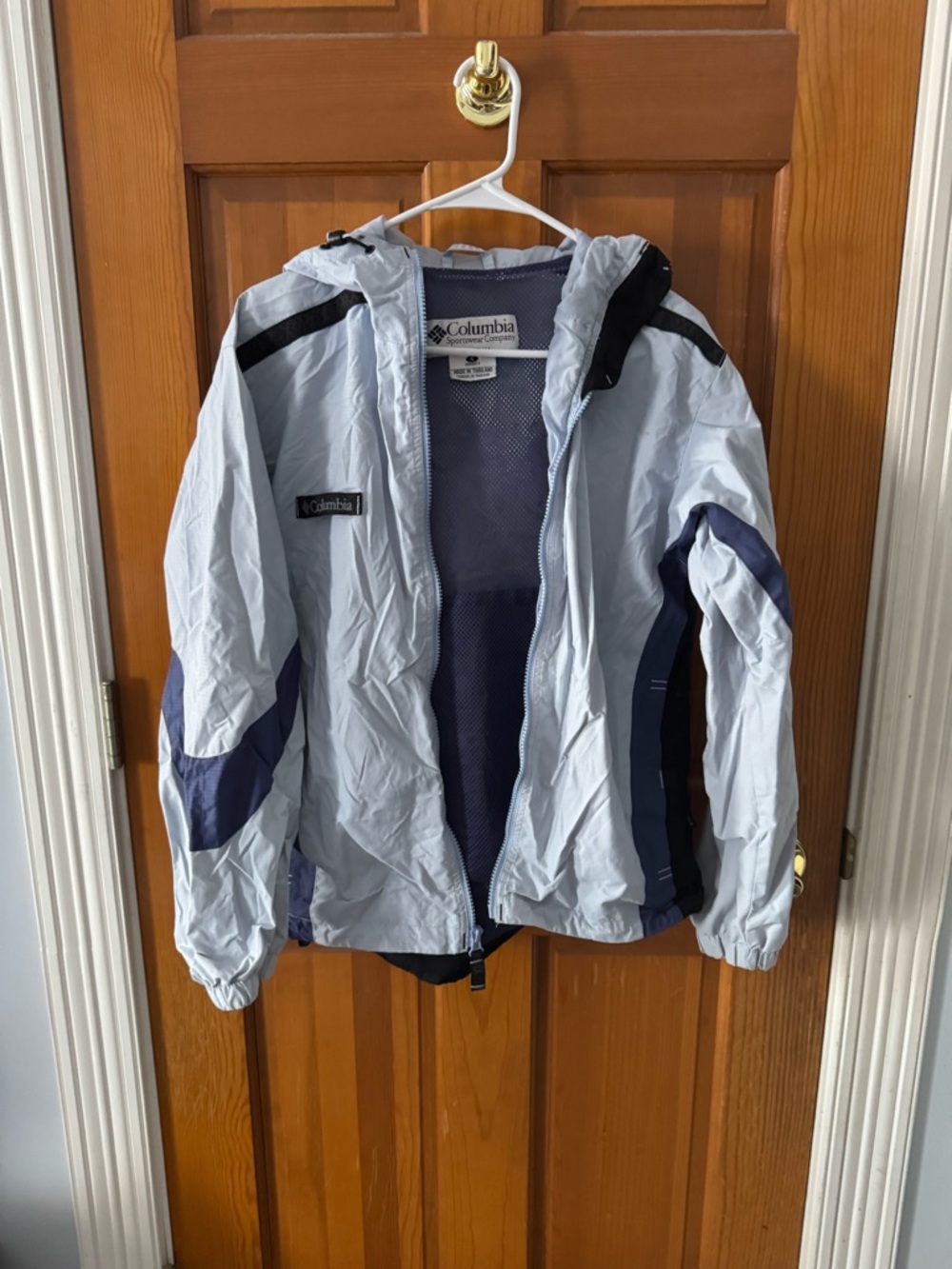 Columbia Light Blue and Navy Packable Hooded Jacket